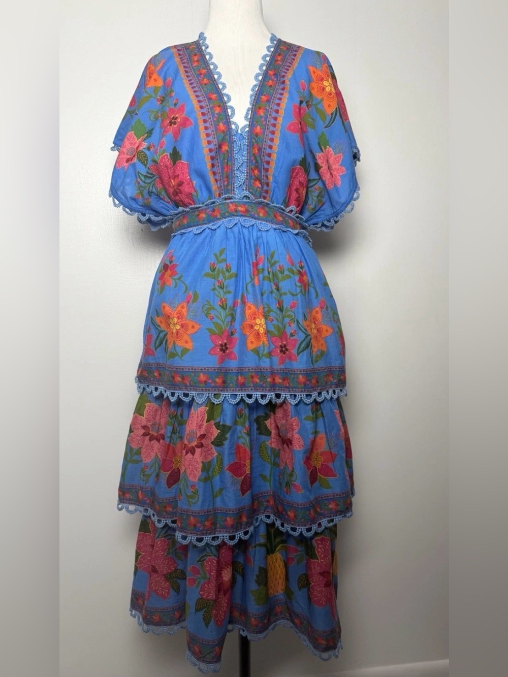 FARM Rio Blue Floral Tiered Midi Dress with Pink & Orange Blooms